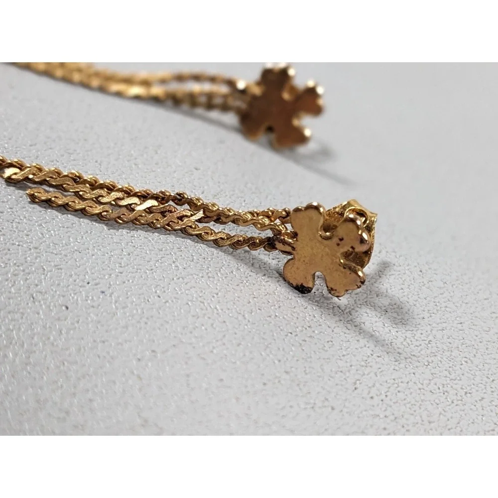 Vintage Gold‎ Tone Clover Shamrock Chain Fringe Dangle Earrings